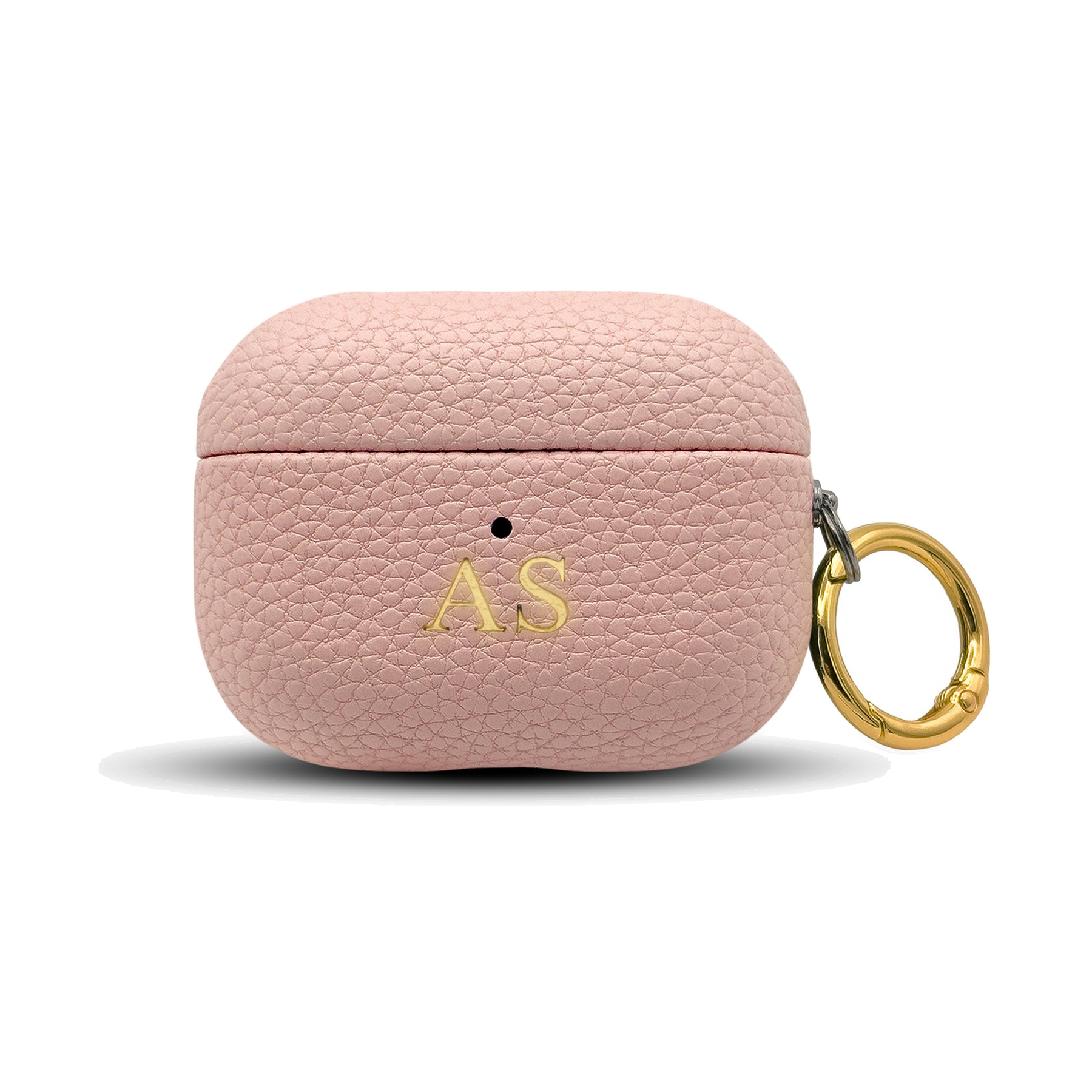 Personalised leather AirPods case in Pink with gold embossed initials
