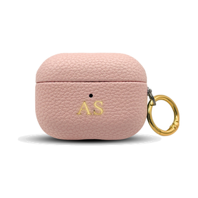 Personalised leather AirPods case in Pink with gold embossed initials