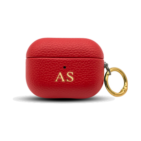 Personalised leather AirPods case in Red with gold embossed initials