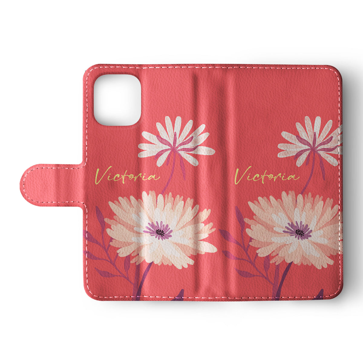 Personalised Wallet Flip Phone Case Custom Name Botanical Salmon Red Flowers