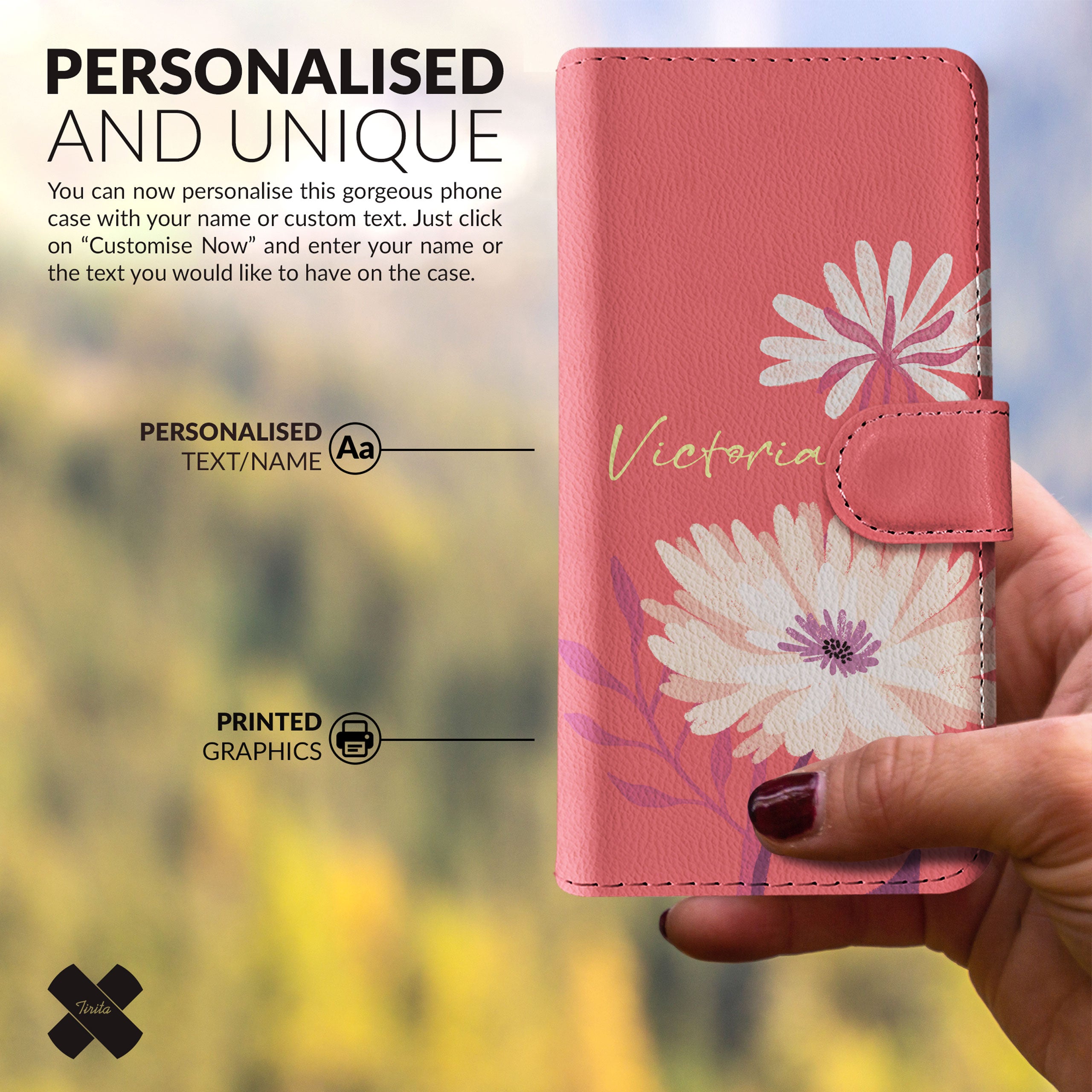 Personalised Wallet Flip Phone Case Custom Name Botanical Salmon Red Flowers