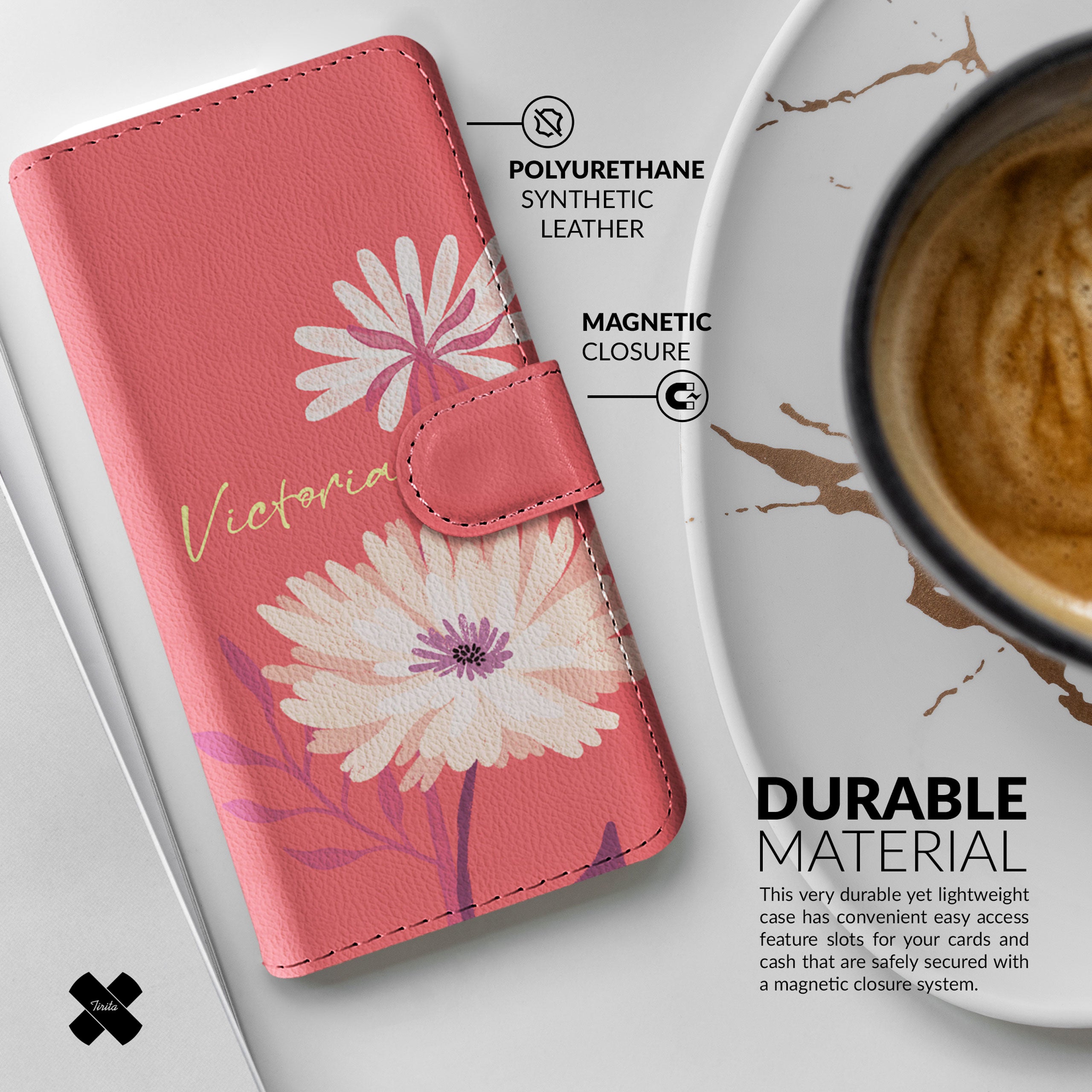 Personalised Wallet Flip Phone Case Custom Name Botanical Salmon Red Flowers