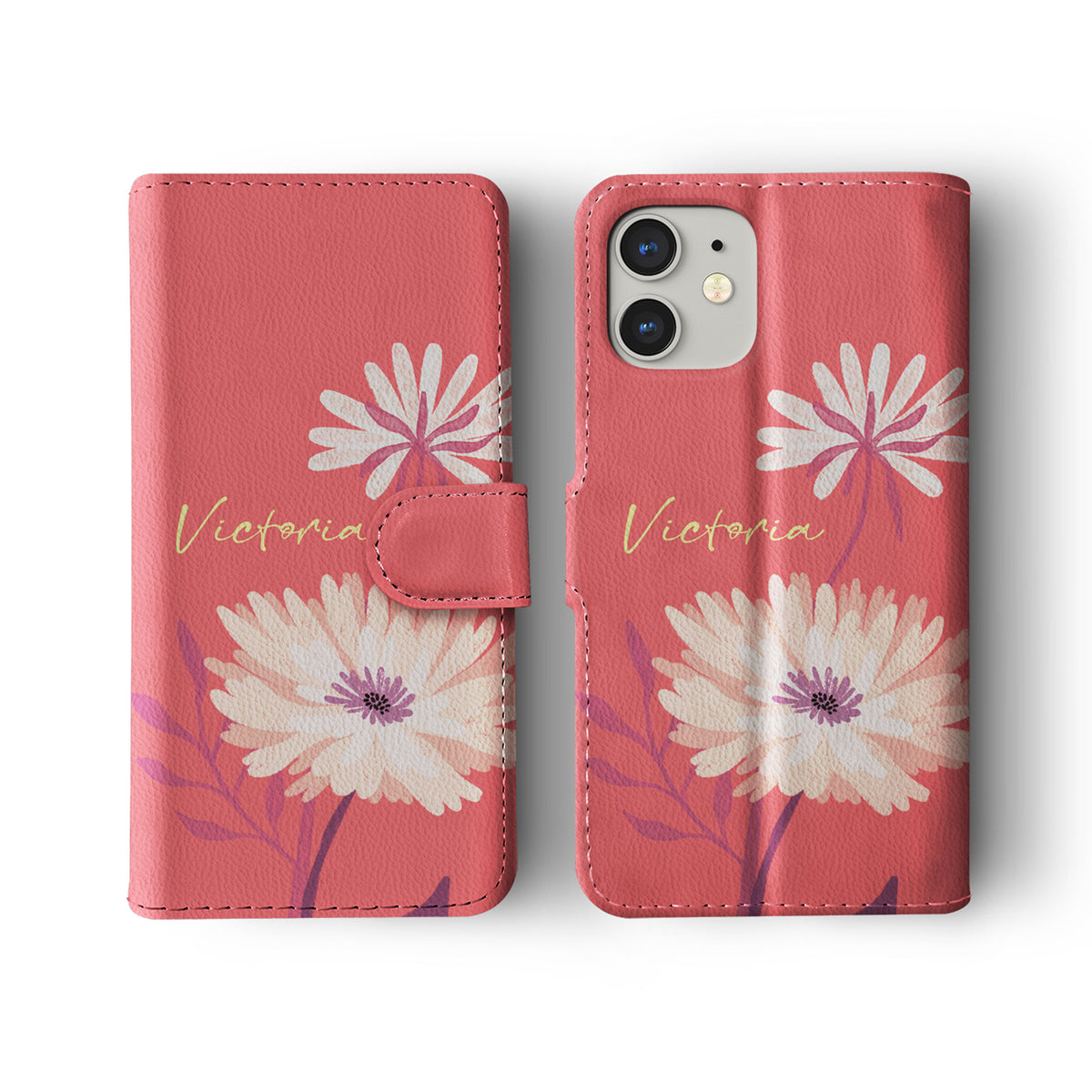 Personalised Wallet Flip Phone Case Custom Name Botanical Salmon Red Flowers