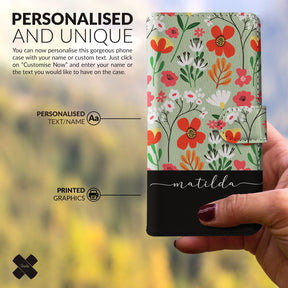 Personalised Wallet Flip Phone Case Custom Name Floral Wild Flowers