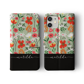 Personalised Wallet Flip Phone Case Custom Name Floral Wild Flowers