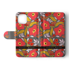 Personalised Wallet Flip Phone Case Custom Name Floral Red Poppy Flowers