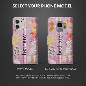 Personalised Wallet Flip Phone Case Custom Name Spring Flowers Crayon