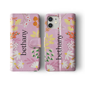 Personalised Wallet Flip Phone Case Custom Name Spring Flowers Crayon