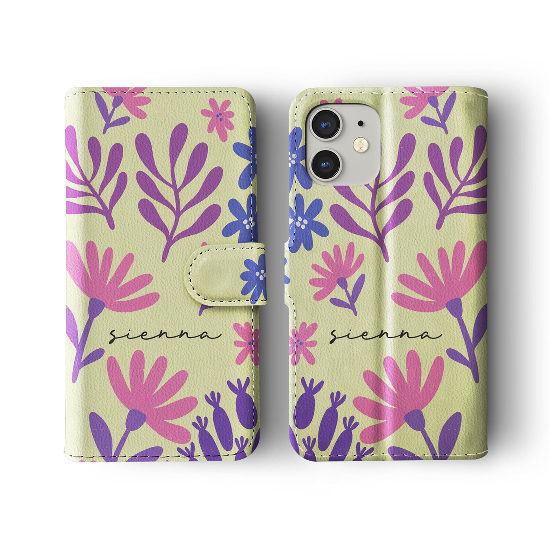 Personalised Wallet Flip Phone Case Custom Name Flowers Simple Purple