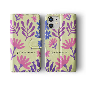 Personalised Wallet Flip Phone Case Custom Name Flowers Simple Purple