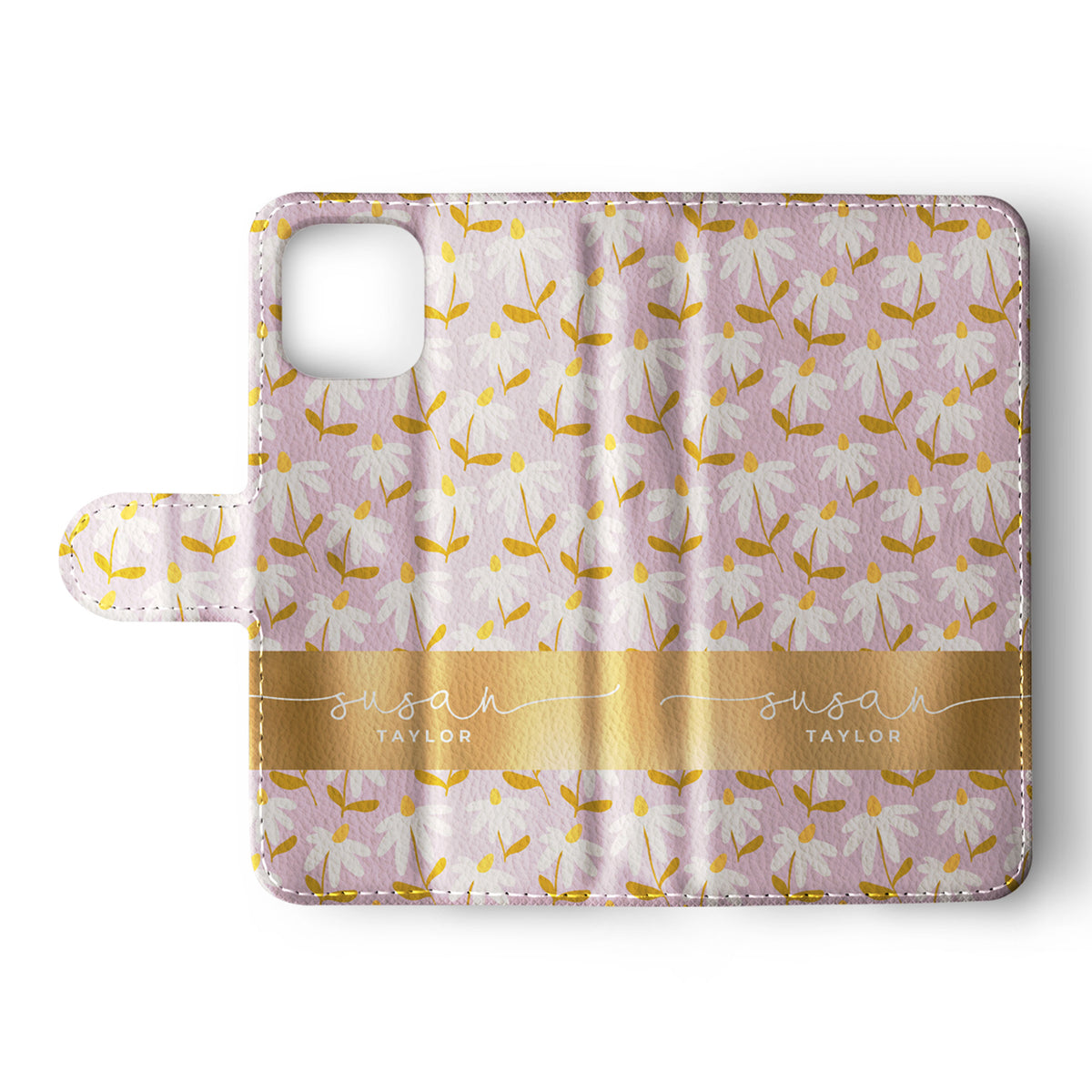 Personalised Wallet Flip Phone Case Custom Name Camomile Flowers Simple