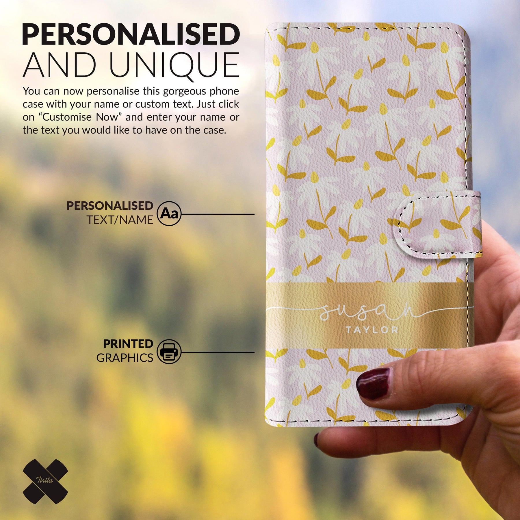 Personalised Wallet Flip Phone Case Custom Name Camomile Flowers Simple