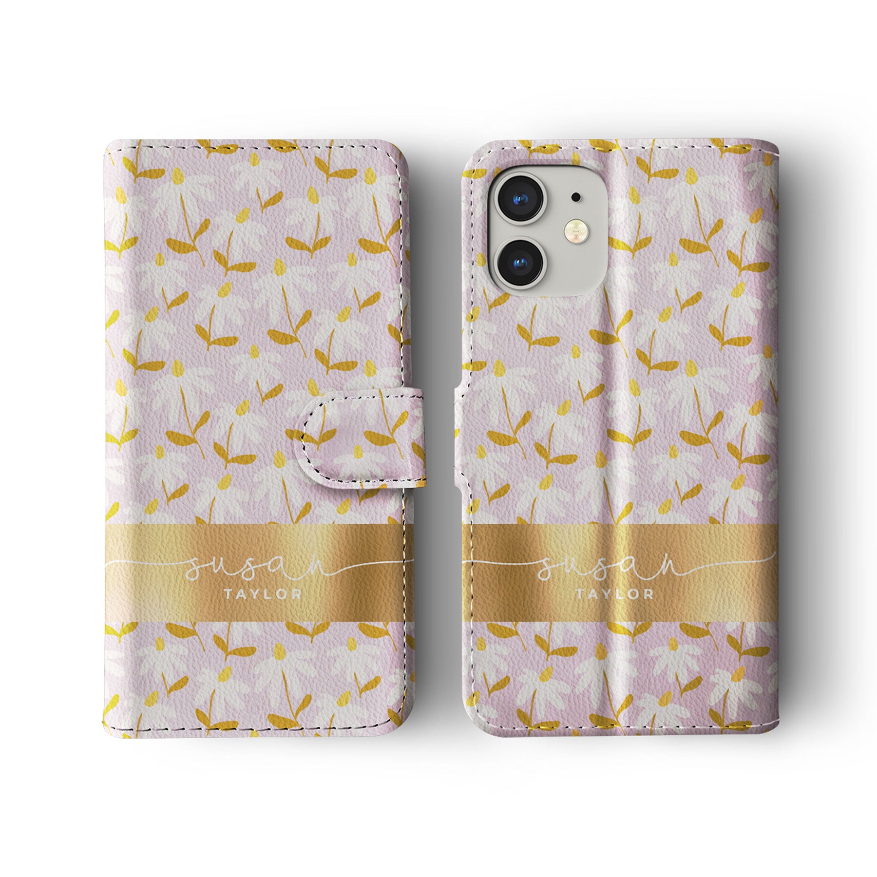 Personalised Wallet Flip Phone Case Custom Name Camomile Flowers Simple