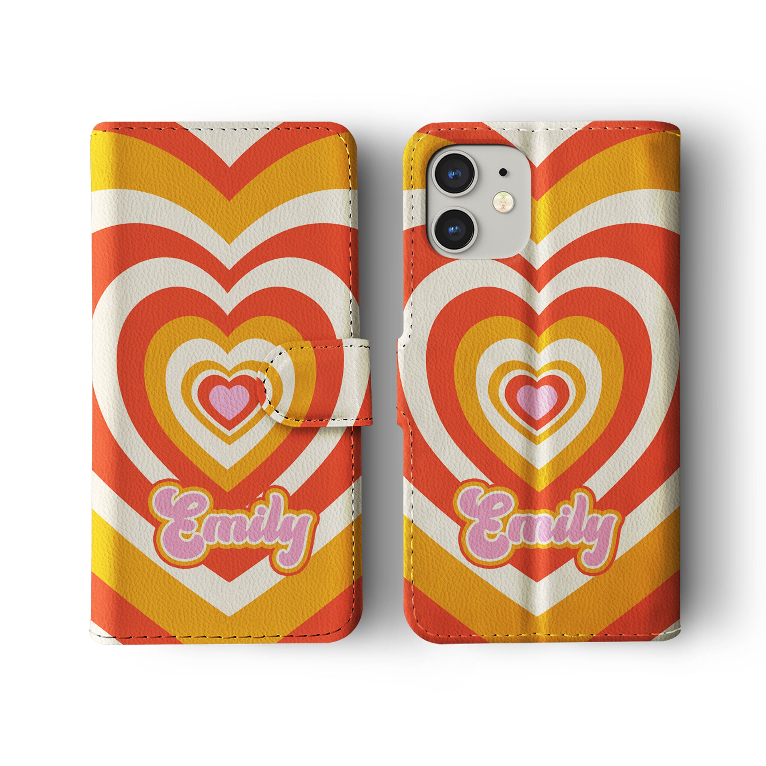 Personalised Wallet Flip Phone Case Custom Name Heart Groovy Retro