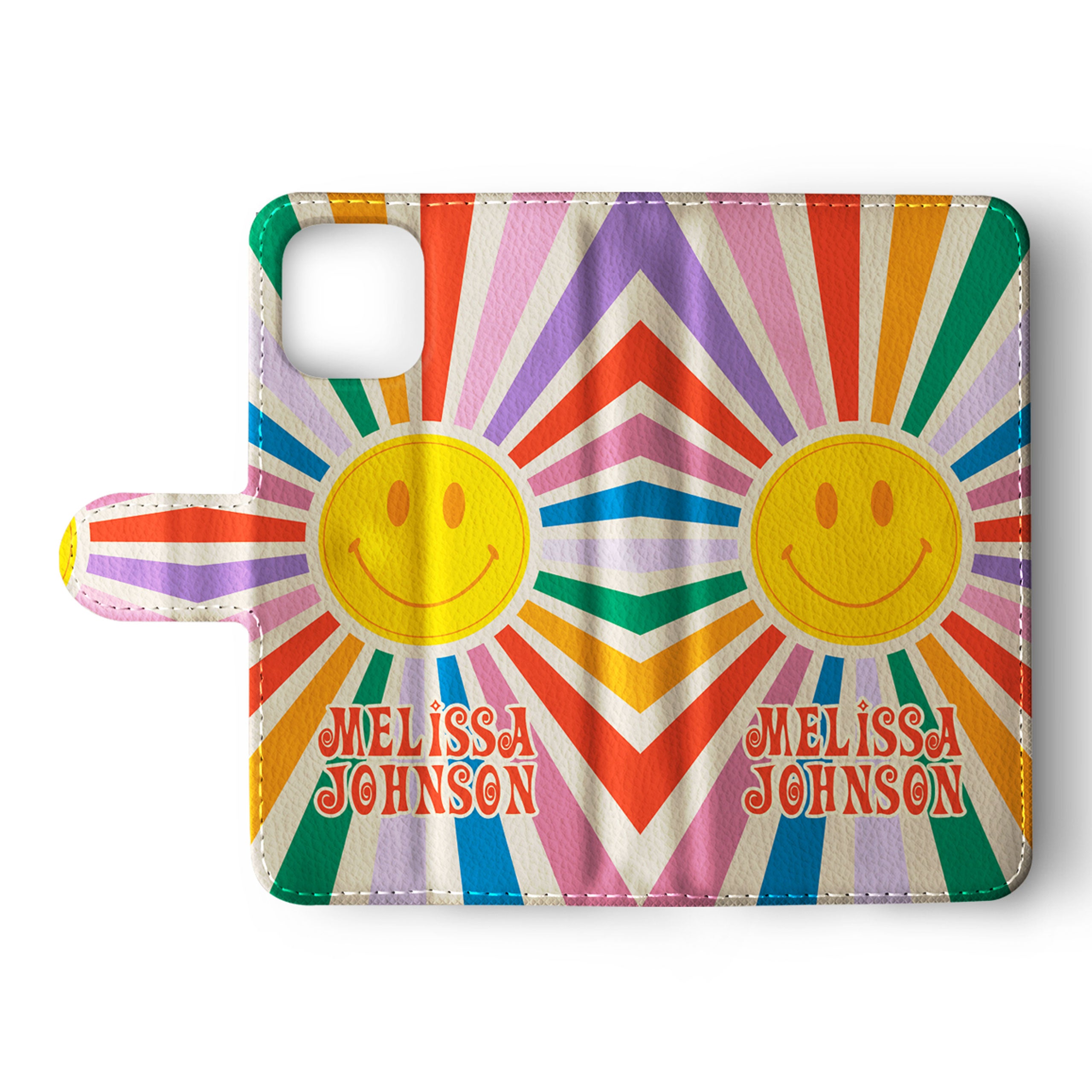 Personalised Wallet Flip Phone Case Custom Name Sun Smile Retro Colourful