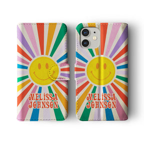 Personalised Wallet Flip Phone Case Custom Name Sun Smile Retro Colourful