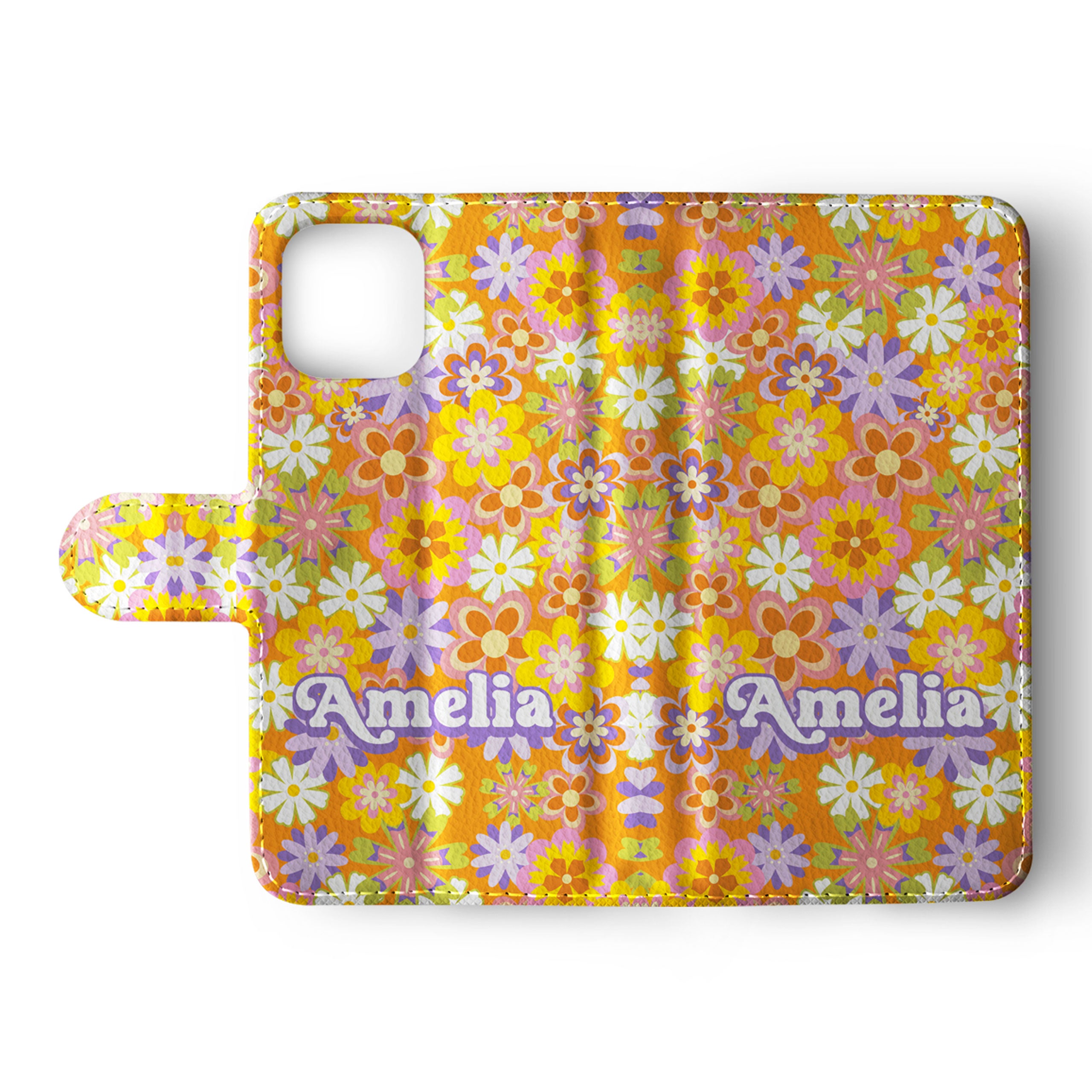 Personalised Wallet Flip Phone Case Custom Name Retro Floral Hippie 70s