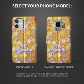 Personalised Wallet Flip Phone Case Custom Name Retro Floral Hippie 70s