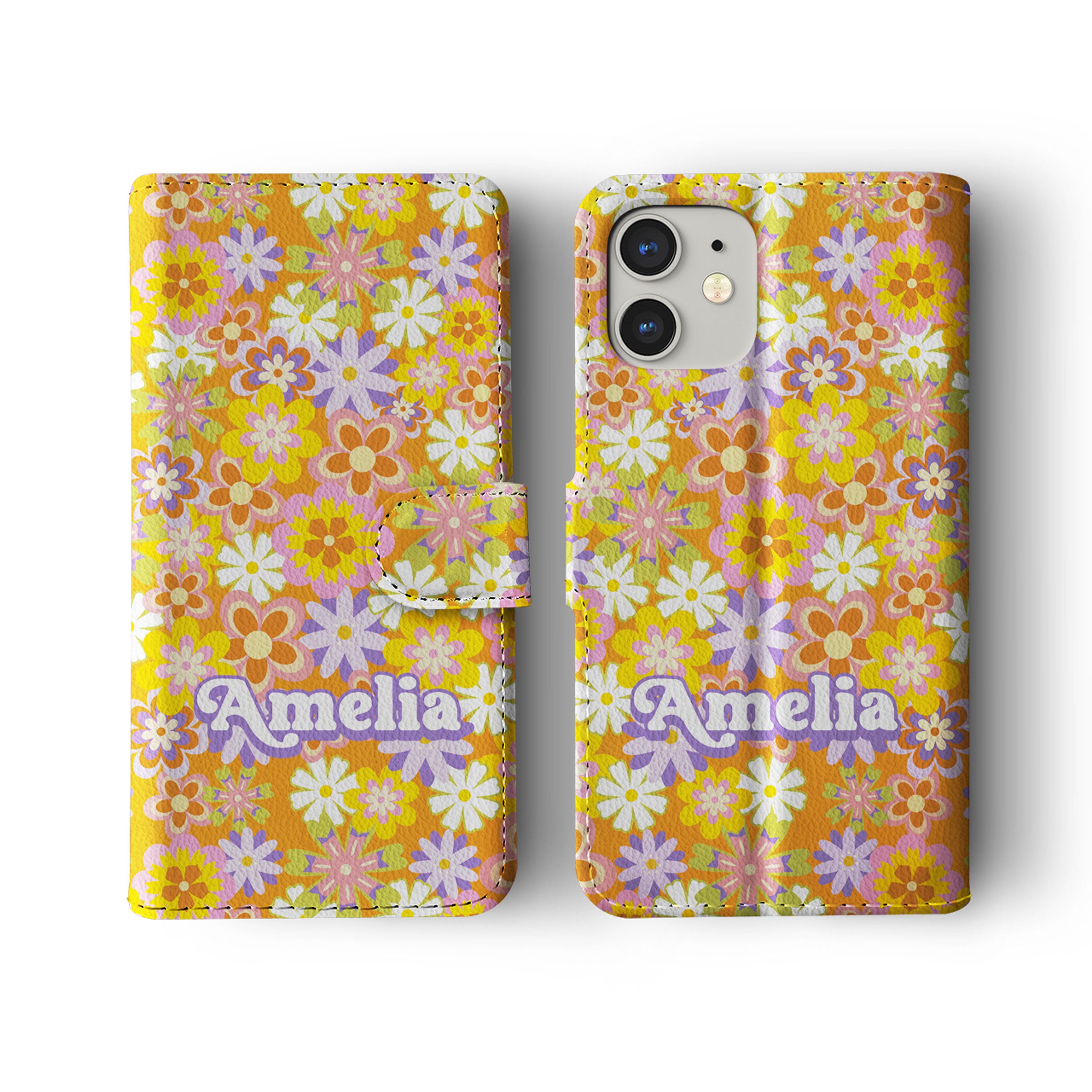 Personalised Wallet Flip Phone Case Custom Name Retro Floral Hippie 70s