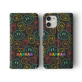 Personalised Wallet Flip Phone Case Custom Name Trippy Smiling Faces Colourful