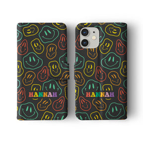 Personalised Wallet Flip Phone Case Custom Name Trippy Smiling Faces Colourful