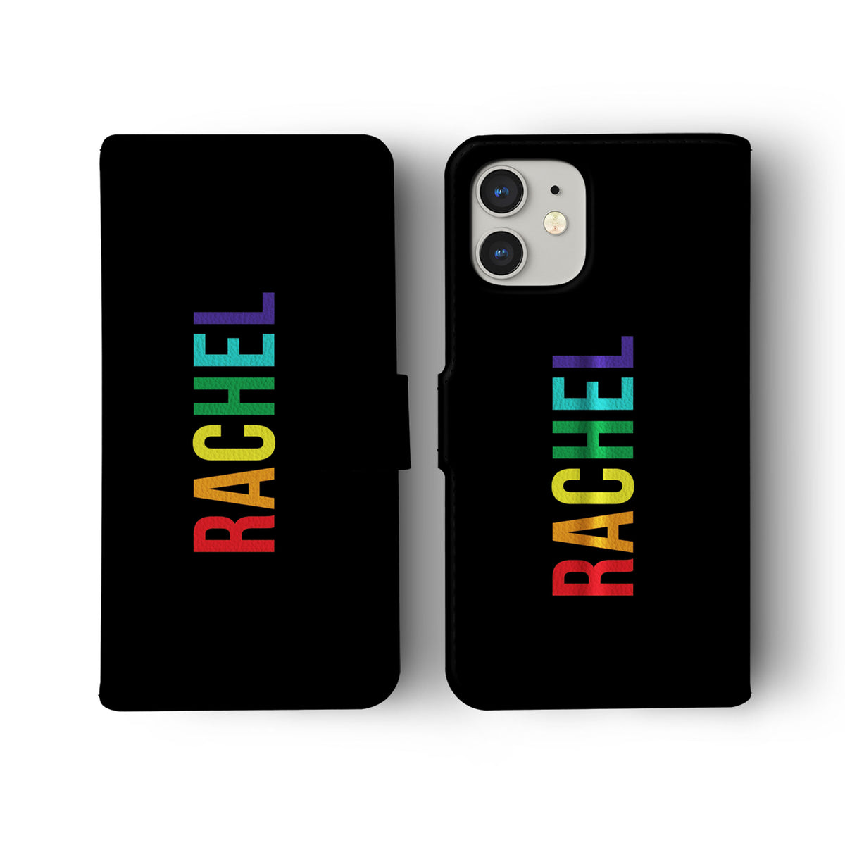 Personalised Wallet Flip Phone Case Custom Name Rainbow Name on Black