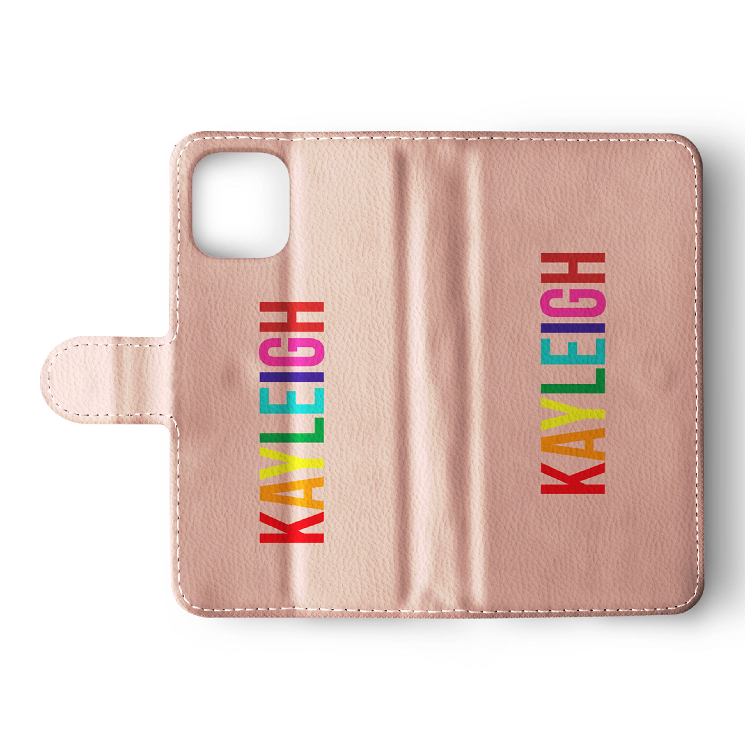 Personalised Wallet Flip Phone Case Custom Name Rainbow Name on Pink