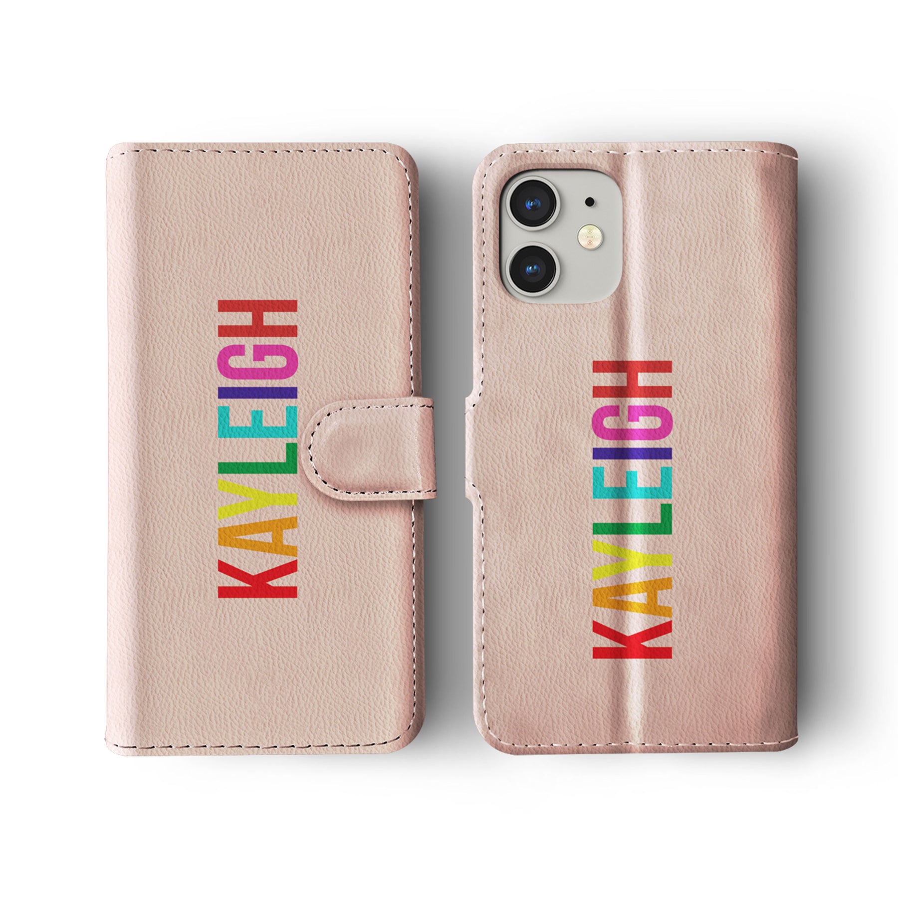 Personalised Wallet Flip Phone Case Custom Name Rainbow Name on Pink