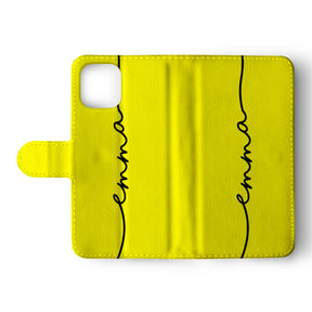 Personalised Wallet Flip Phone Case Custom Name Neon Yellow Handwritten Name