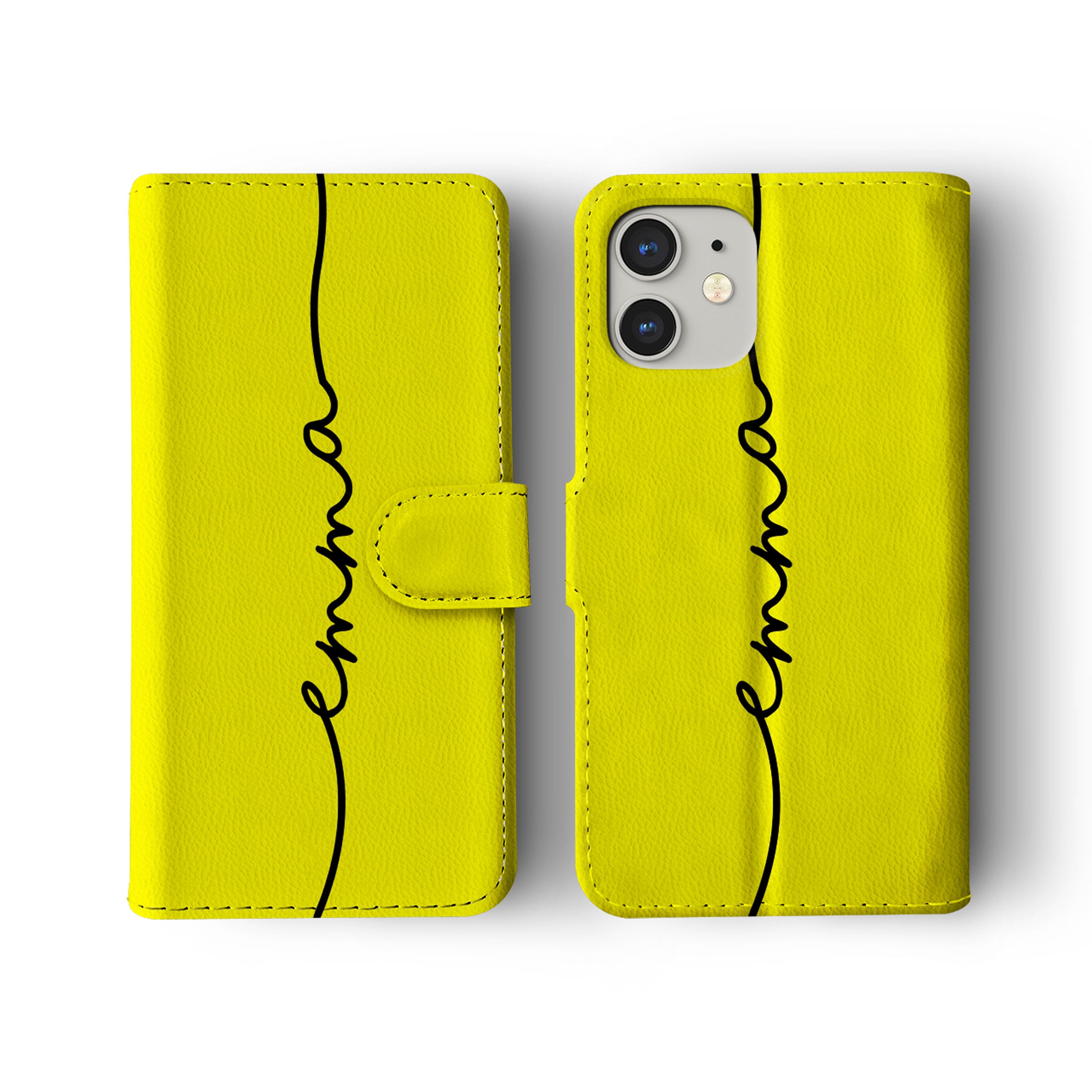 Personalised Wallet Flip Phone Case Custom Name Neon Yellow Handwritten Name