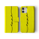 Personalised Wallet Flip Phone Case Custom Name Neon Yellow Handwritten Name