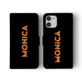 Personalised Wallet Flip Phone Case Custom Name Orange Bold Name on Black