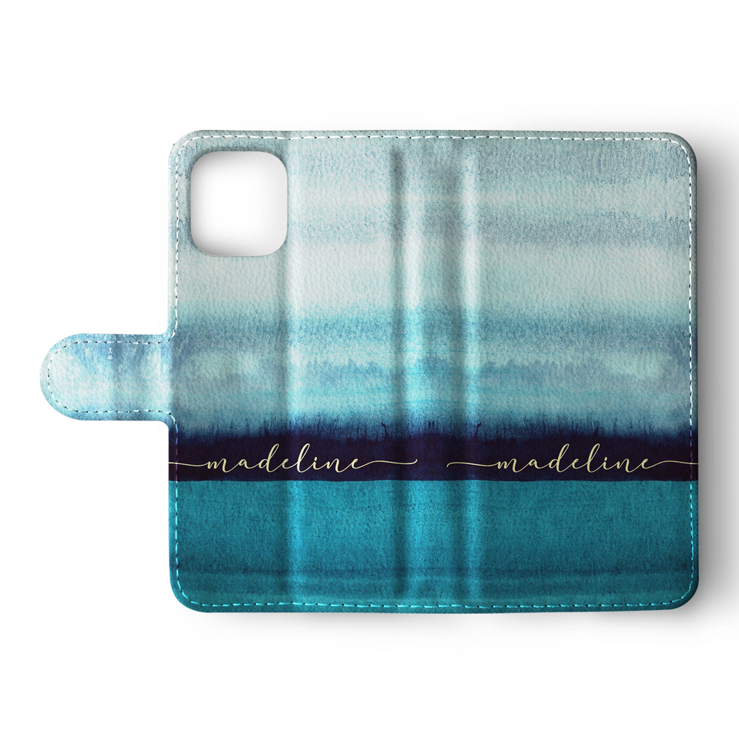 Personalised Wallet Flip Phone Case Custom Name Ocean Blue Watercolour