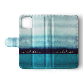 Personalised Wallet Flip Phone Case Custom Name Ocean Blue Watercolour