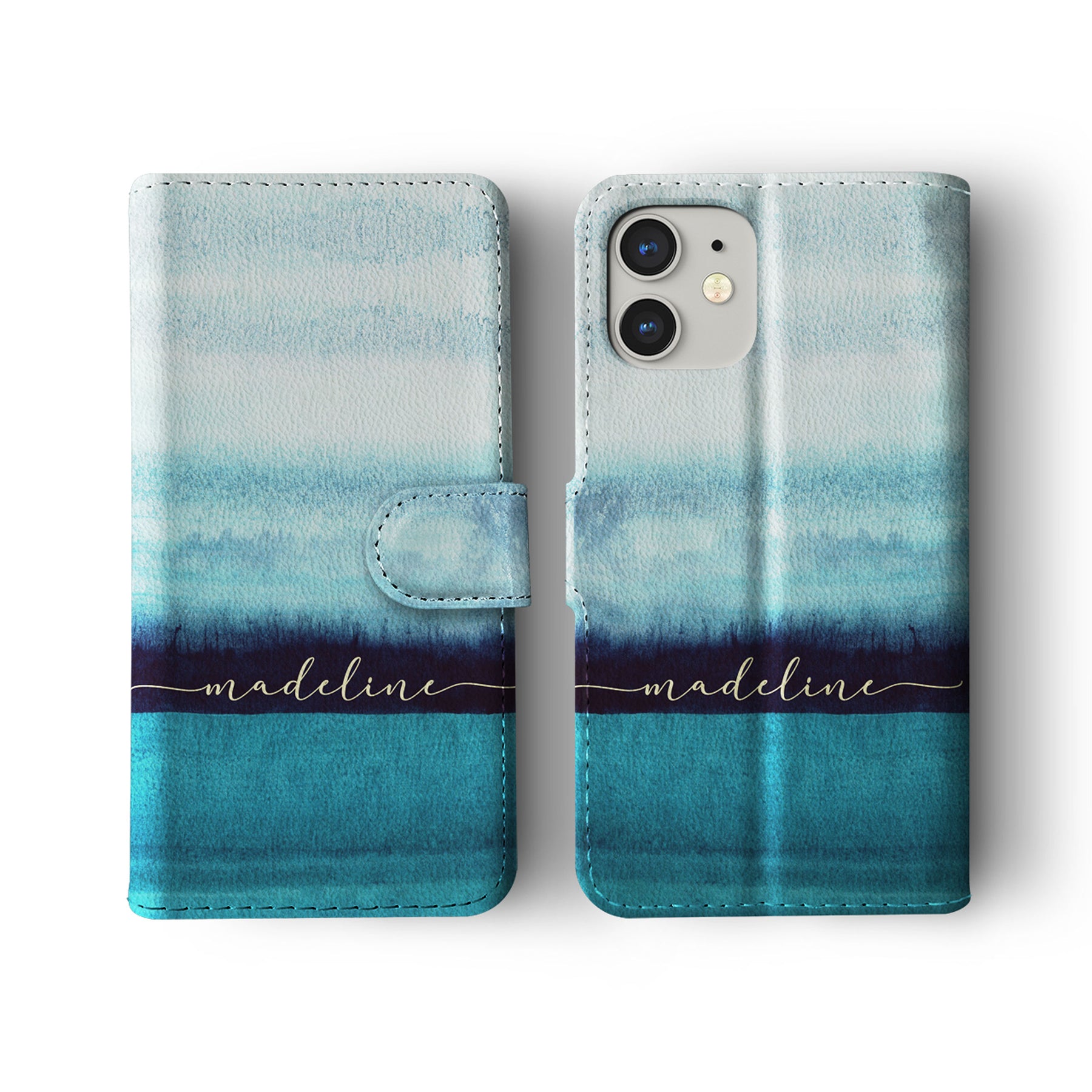 Personalised Wallet Flip Phone Case Custom Name Ocean Blue Watercolour