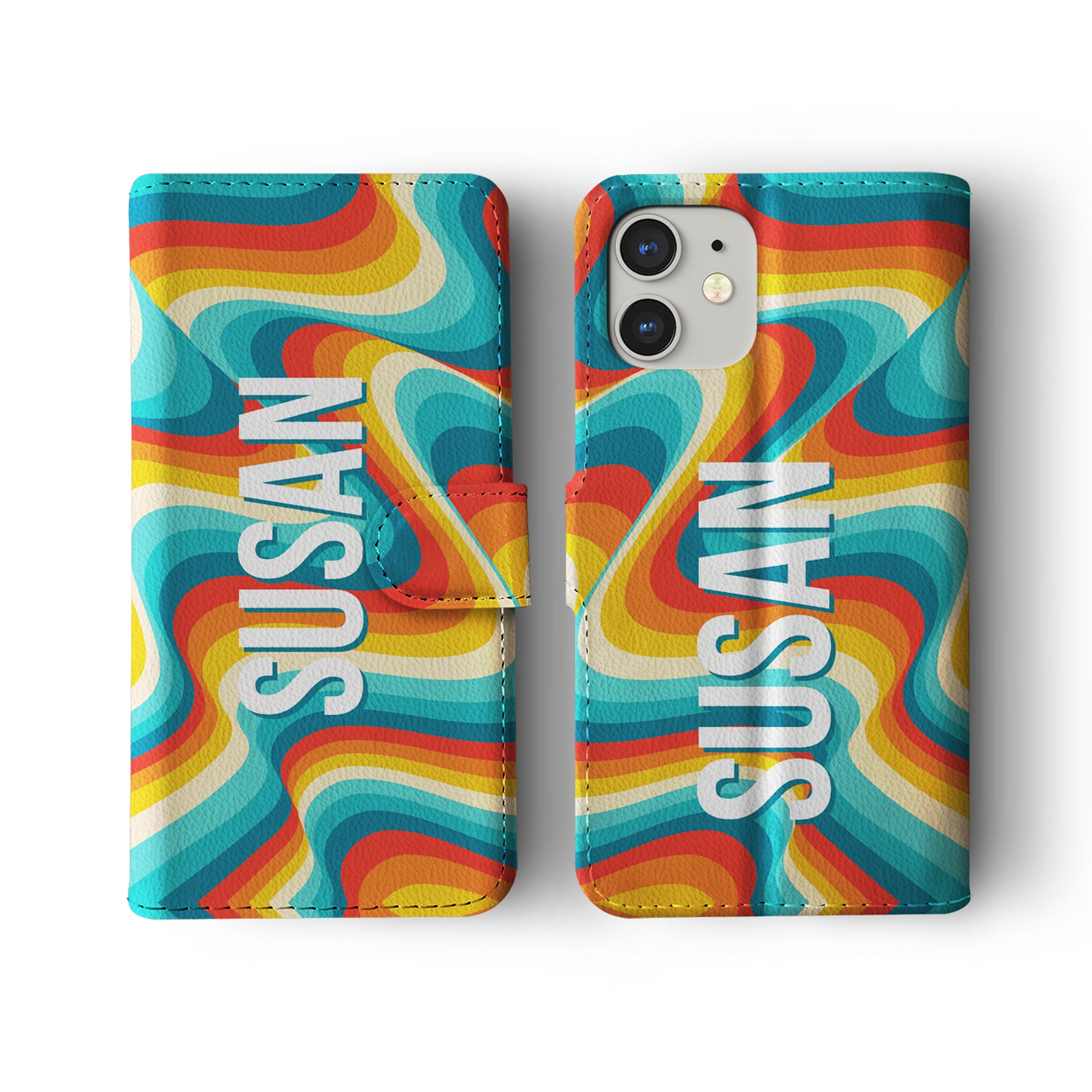 Personalised Wallet Flip Phone Case Custom Name Groovy 70s Waves Vintage