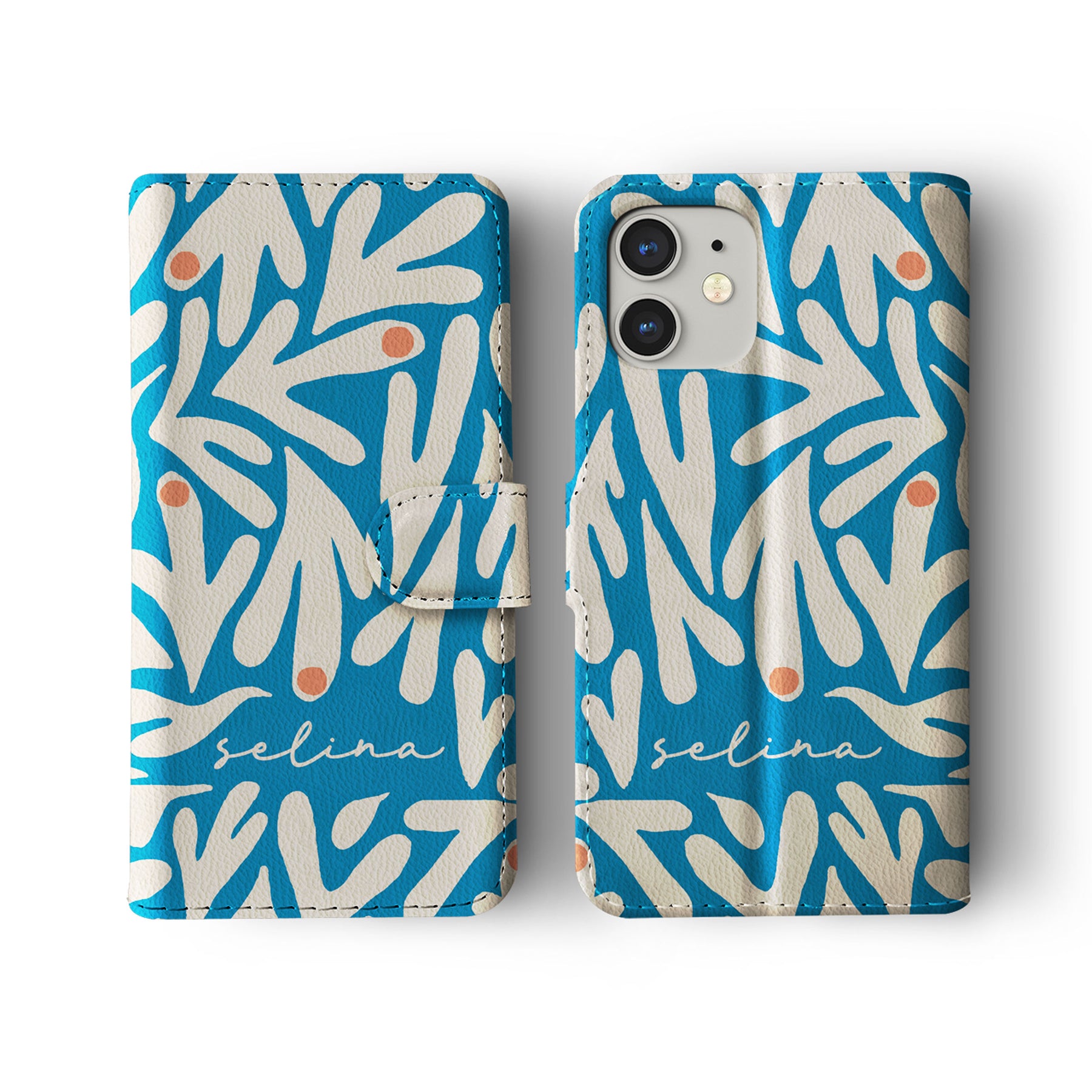 Personalised Wallet Flip Phone Case Custom Name Floral Blue White Funky