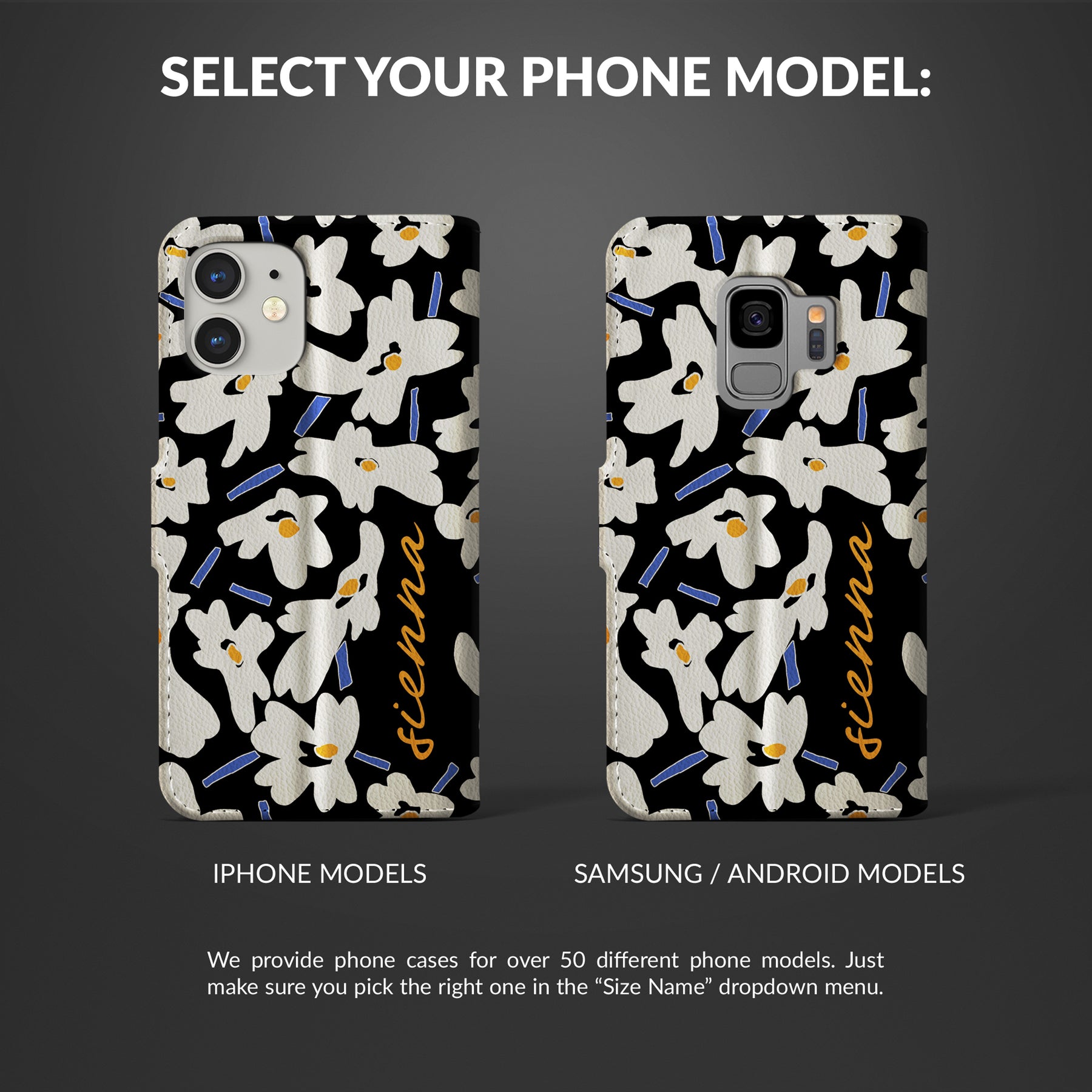 Personalised Wallet Flip Phone Case Custom Name Floral Daisies