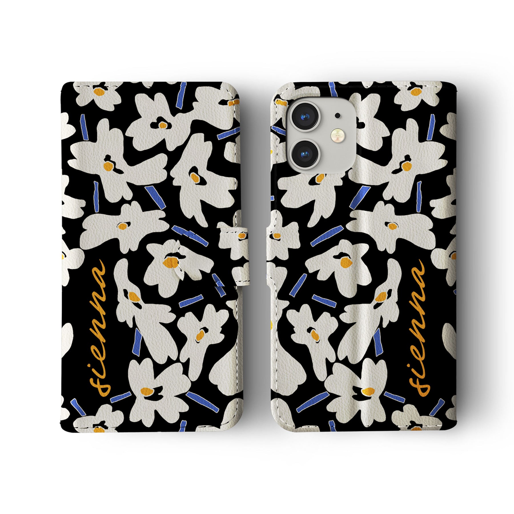 Personalised Wallet Flip Phone Case Custom Name Floral Daisies