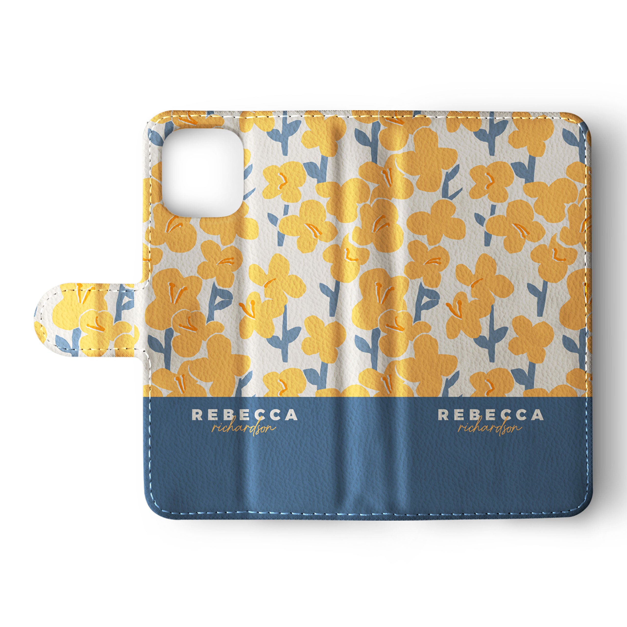 Personalised Wallet Flip Phone Case Custom Name Floral Yellow Meadow