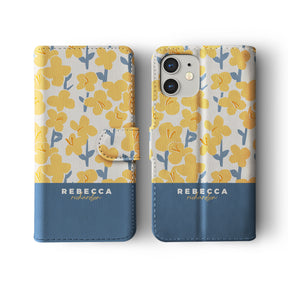 Personalised Wallet Flip Phone Case Custom Name Floral Yellow Meadow