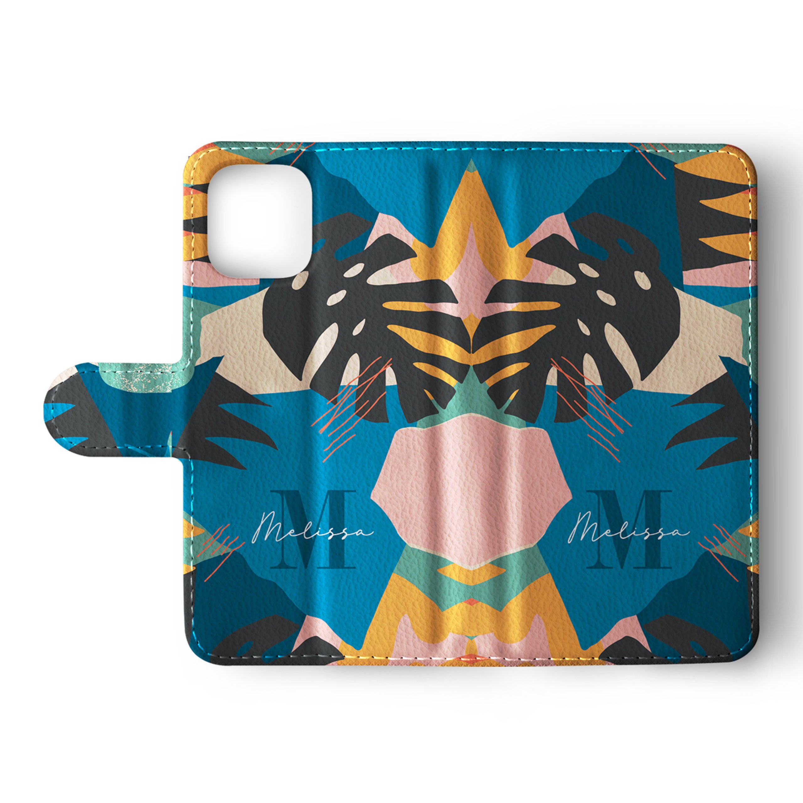 Personalised Wallet Flip Phone Case Custom Name Funky Floral Tropical Leaves Monstera