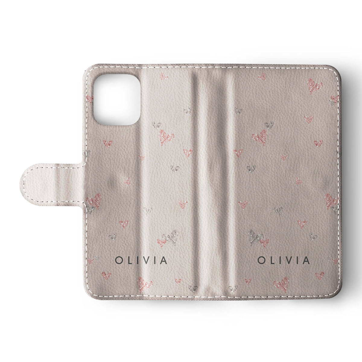 Personalised Wallet Flip Phone Case Custom Name Hearts Pink Silver