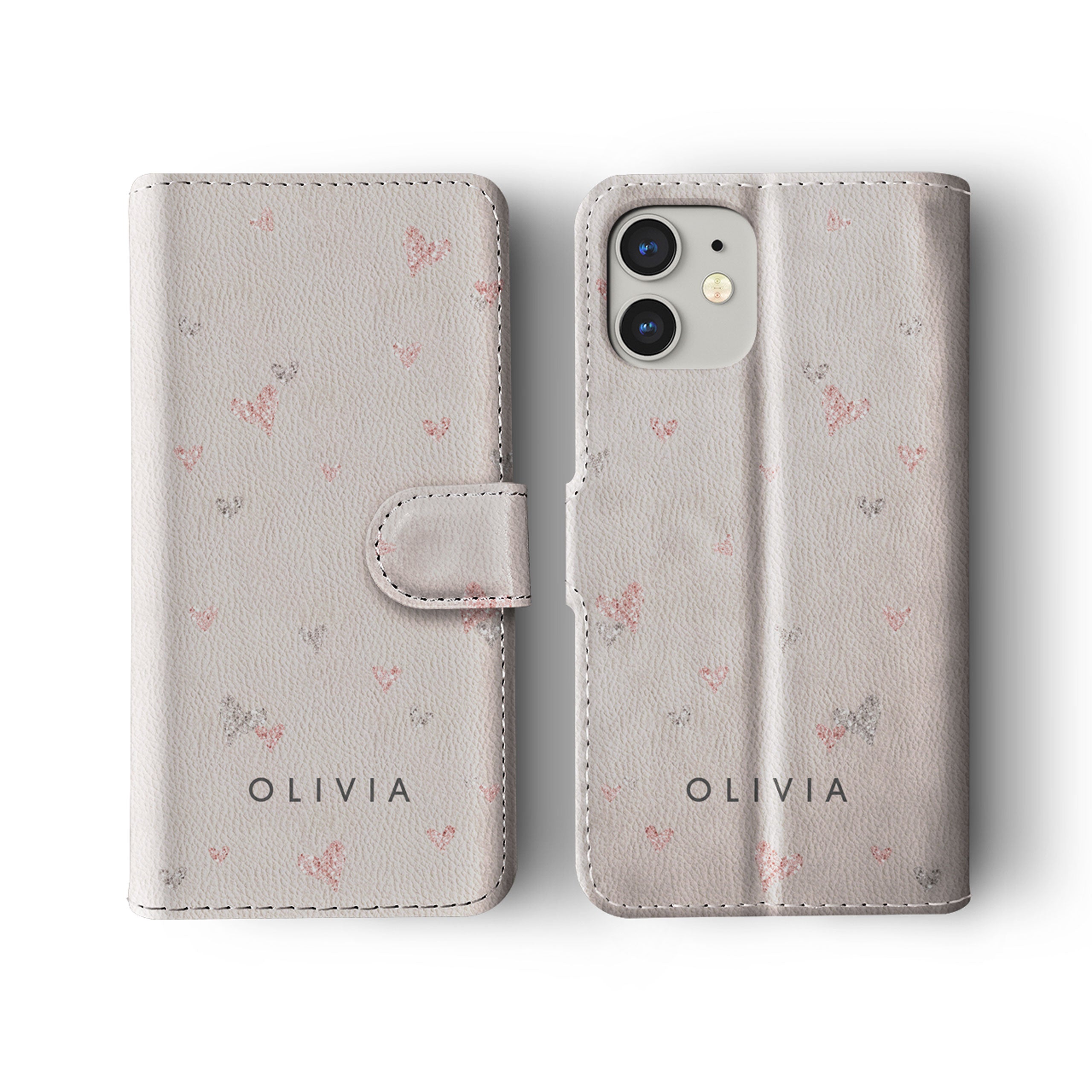 Personalised Wallet Flip Phone Case Custom Name Hearts Pink Silver