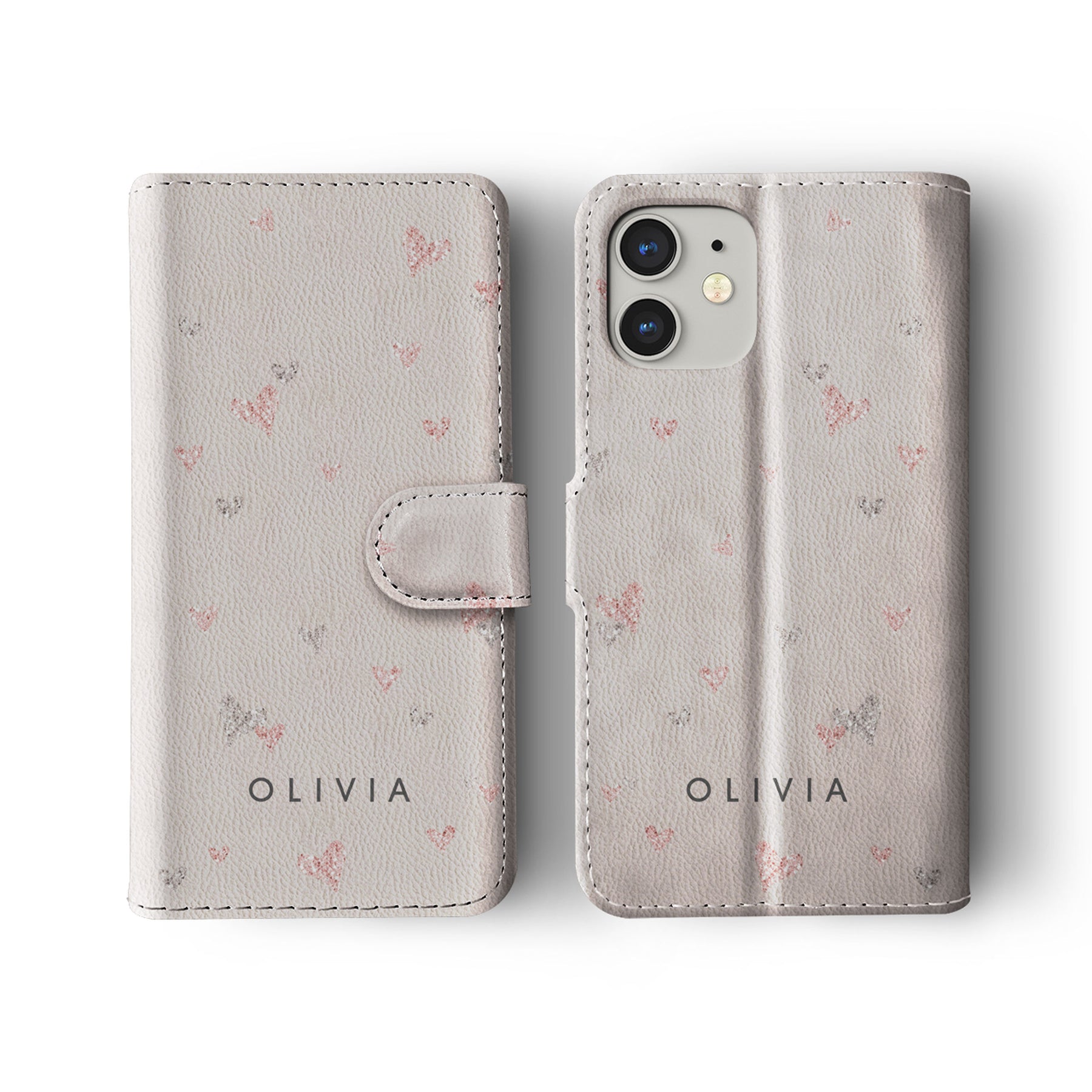 Personalised Wallet Flip Phone Case Custom Name Hearts Pink Silver