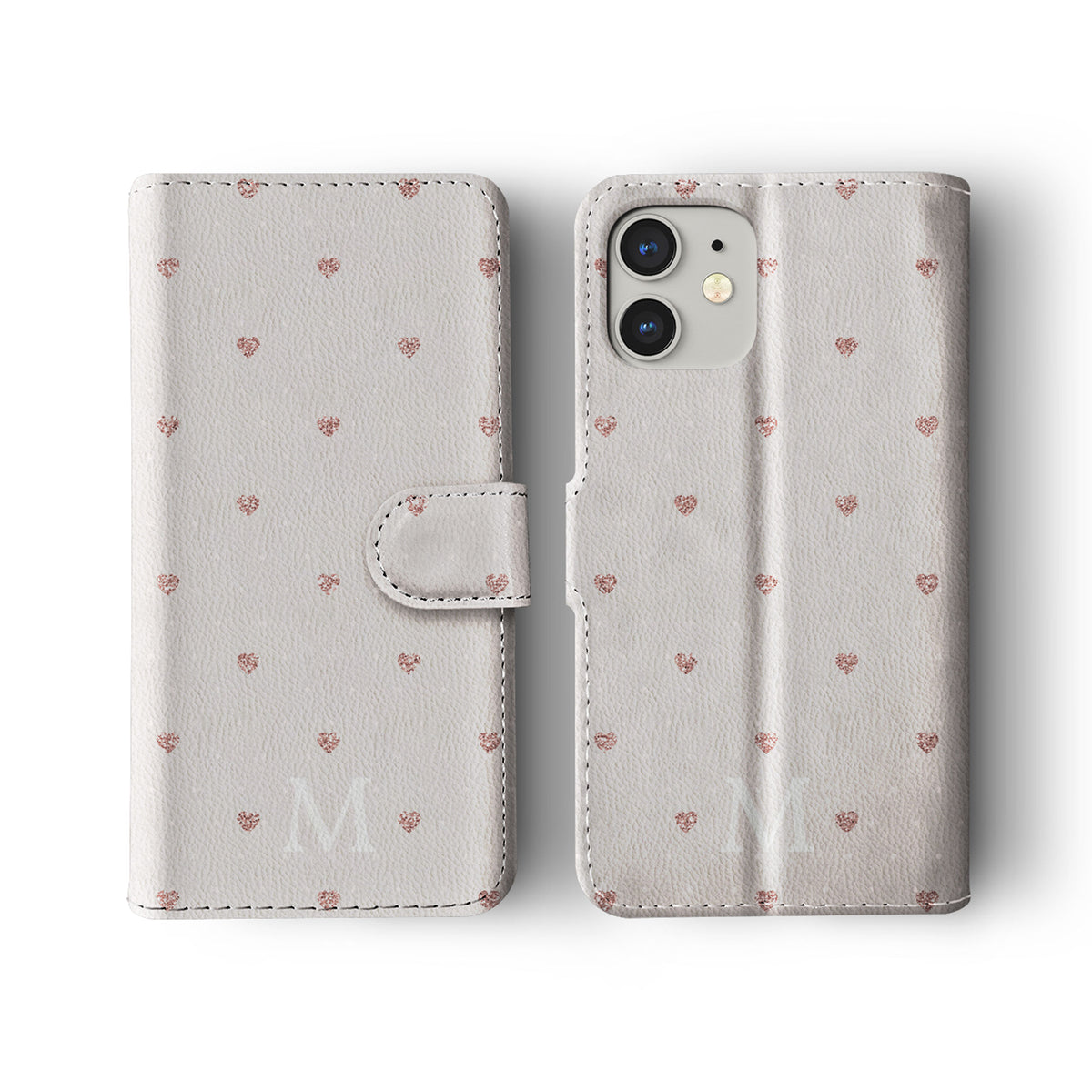 Personalised Wallet Flip Phone Case Custom Name Polka Hearts Pink