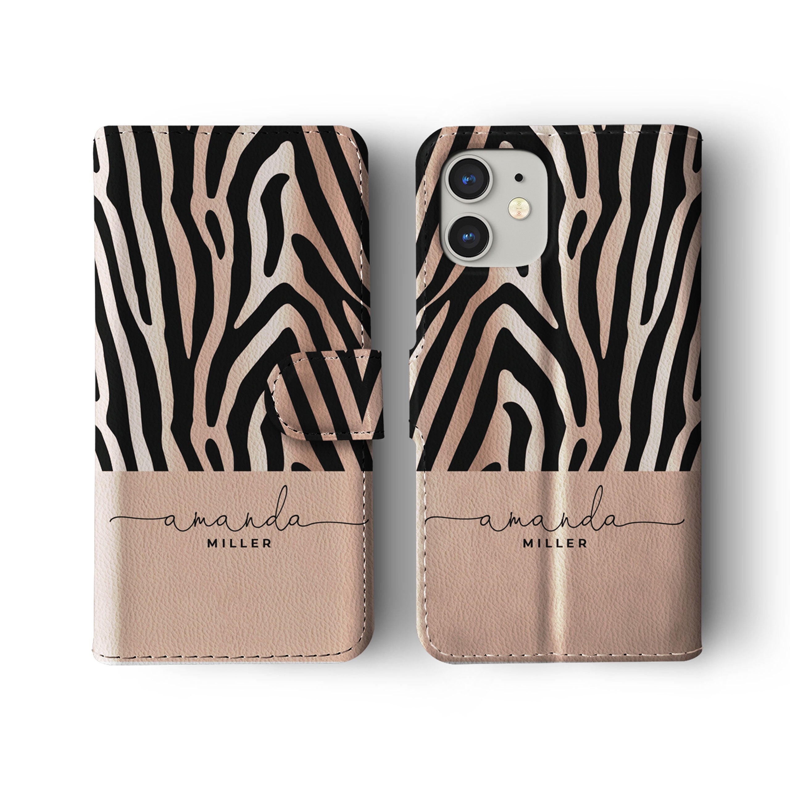 Personalised Wallet Flip Phone Case Custom Name Animal Print Zebra Rose Gold 