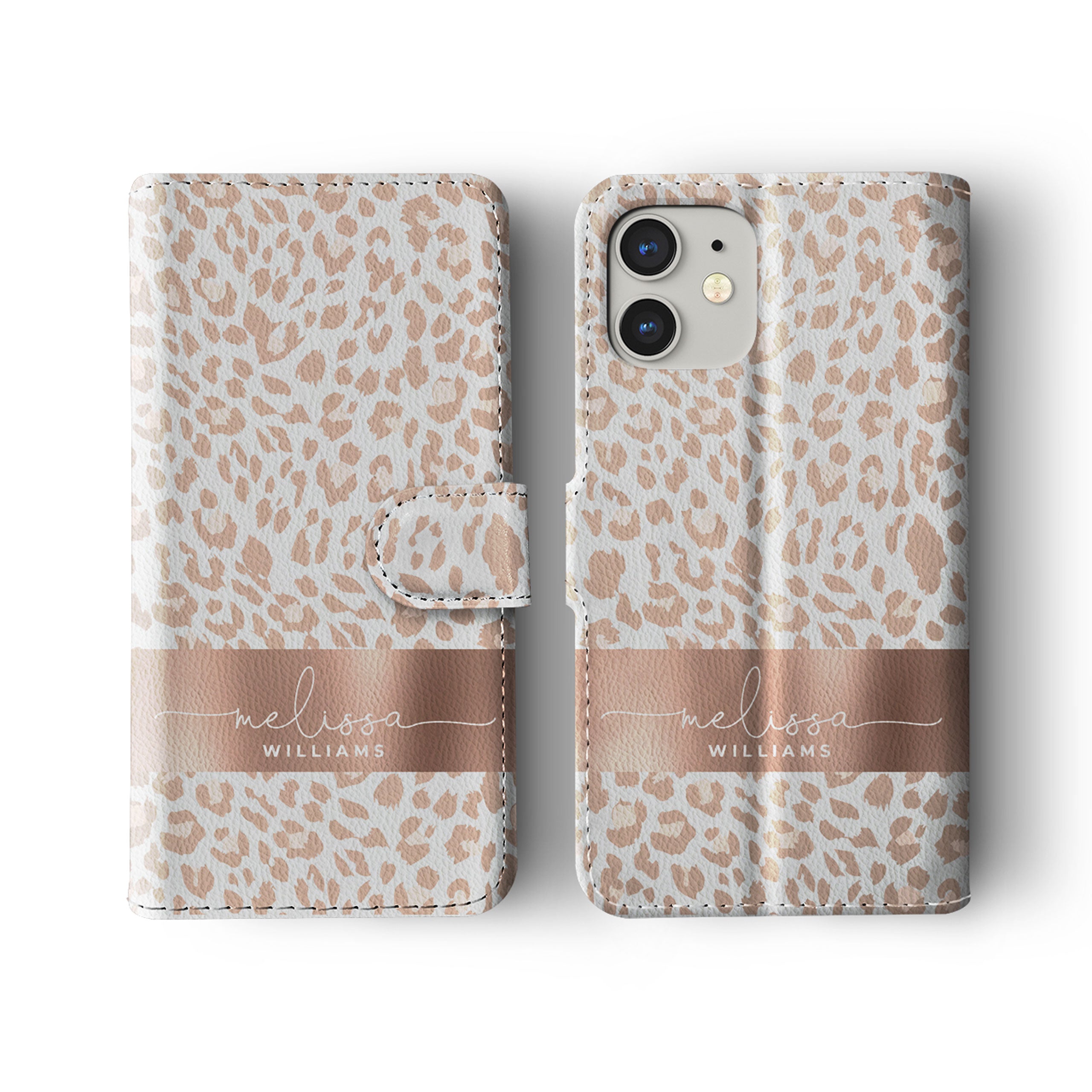 Personalised Wallet Flip Phone Case Custom Name Animal Print Leopard Rose Gold