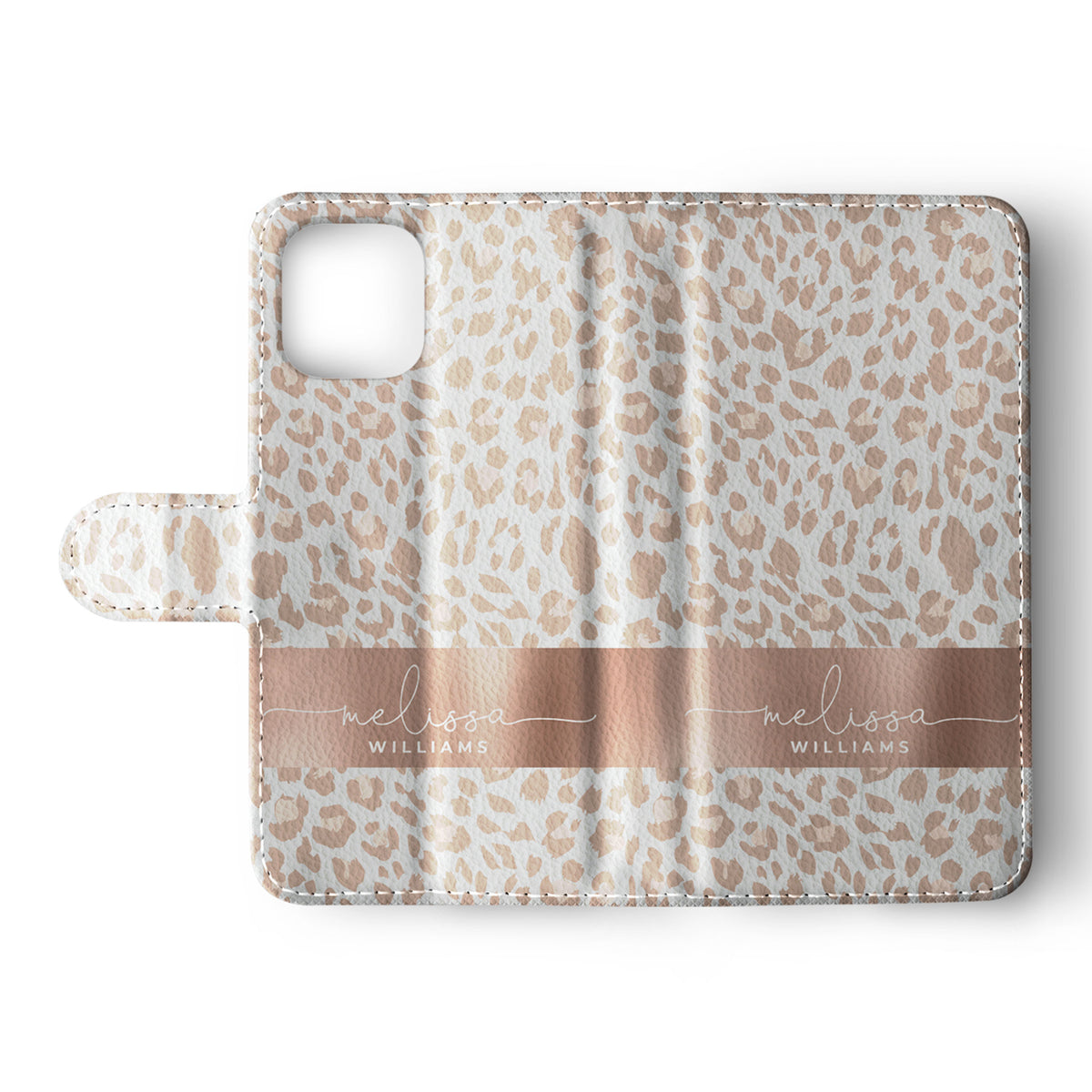 Personalised Wallet Flip Phone Case Custom Name Animal Print Leopard Rose Gold