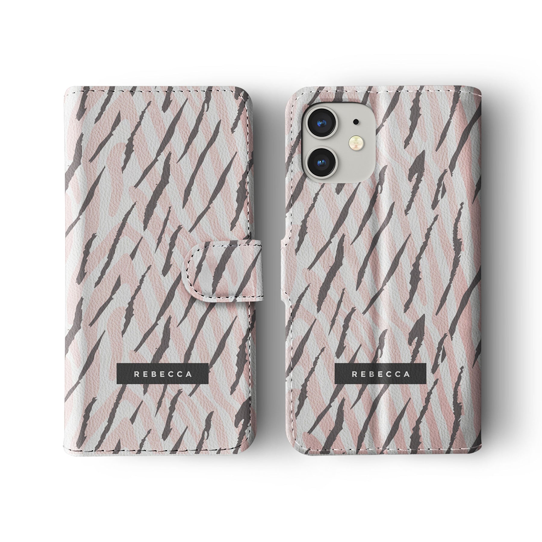 Personalised Wallet Flip Phone Case Custom Name Animal Print Zebra Tiger Pink